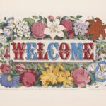 Illustration of blue and red WELCOME text surrounded by flowers on a beige background