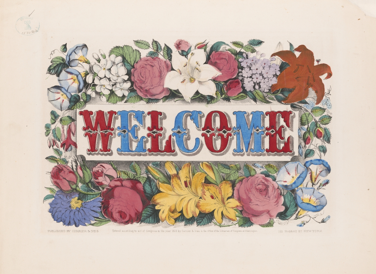 Illustration of blue and red WELCOME text surrounded by flowers on a beige background