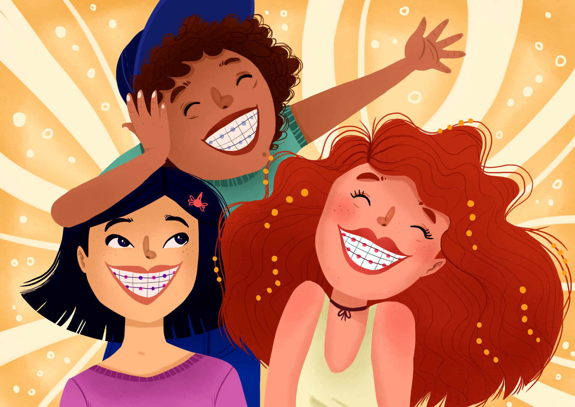 Illustration of 3 young kids smiling with braces